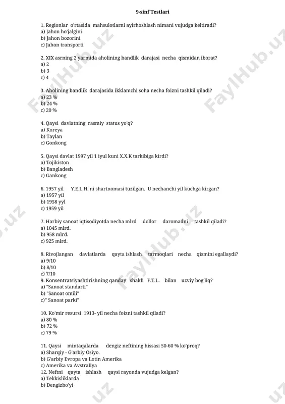 barcha fanlardan test — ZIP
