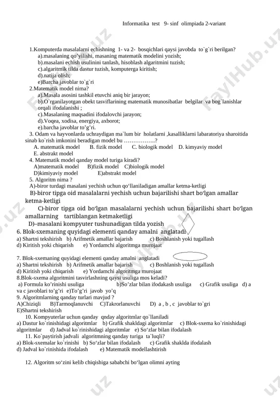 informatika test 9 sinf olimpiada 2012 2 variant — DOCX