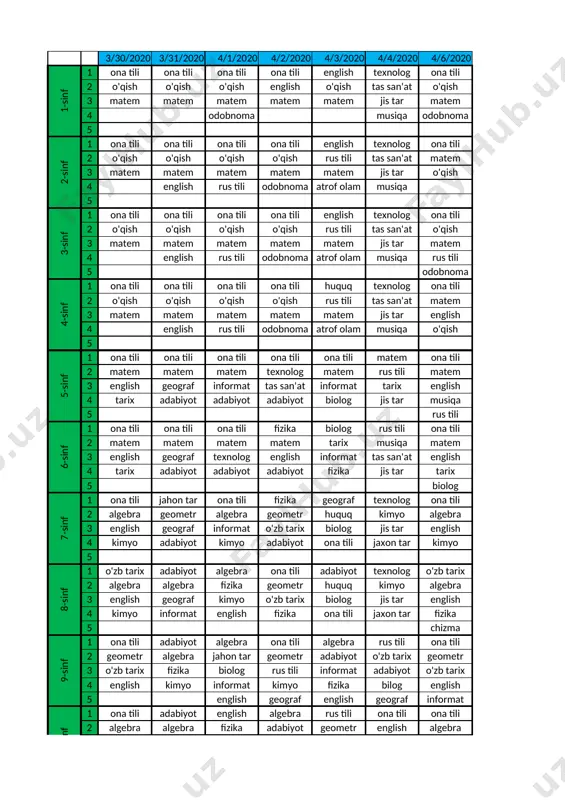 dars jadvali (1 maktab uchkurgan) — XLSX