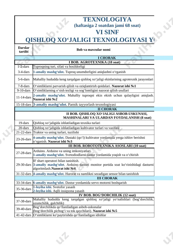 6-sinf 3-yo'nalish texnologiya — XLSX