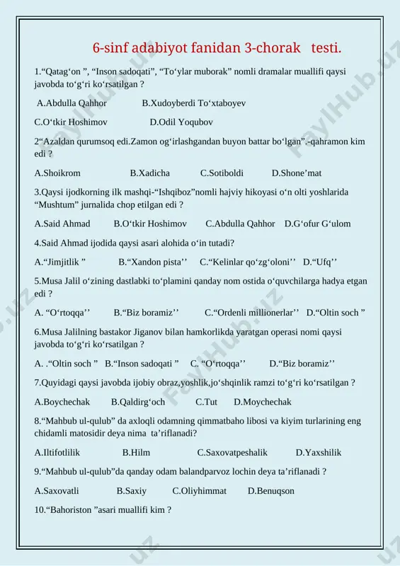 6-sinf adabiyot 3-chorak test — DOCX