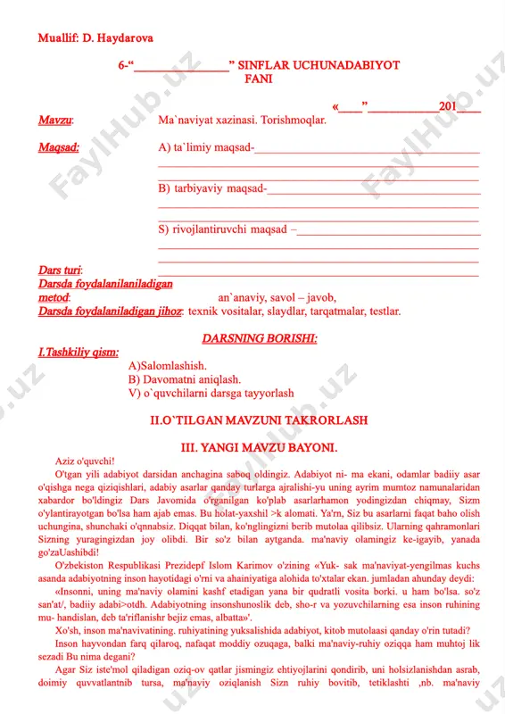 6-sinf adabiyot fanidan o'qituvchi kitobi — PDF
