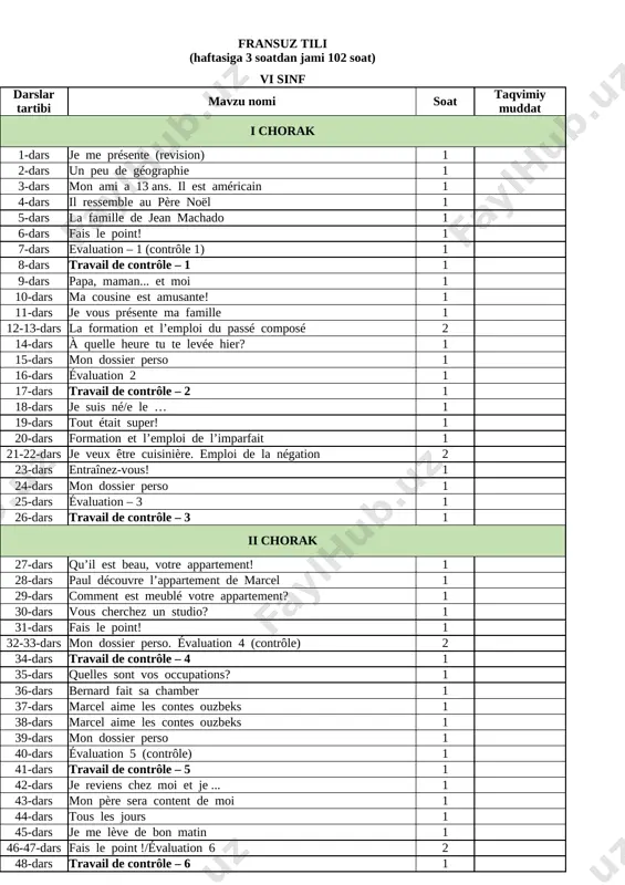 6-sinf fransuz tili — XLSX