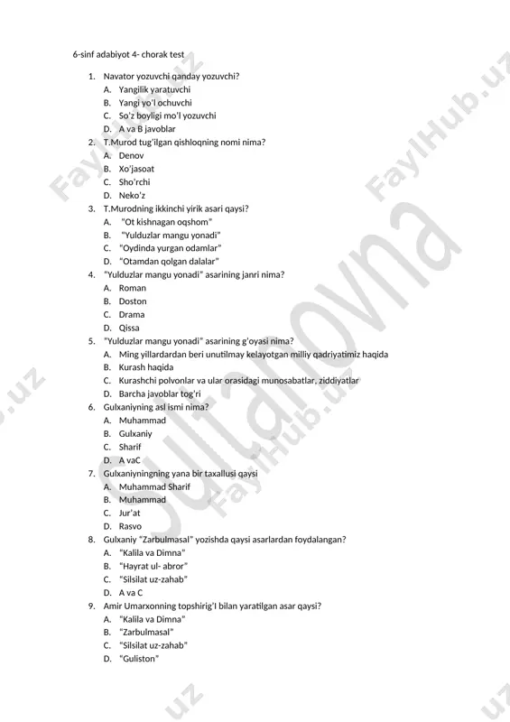 6 adabiyot 4-chorak test.kumush yangi — DOCX