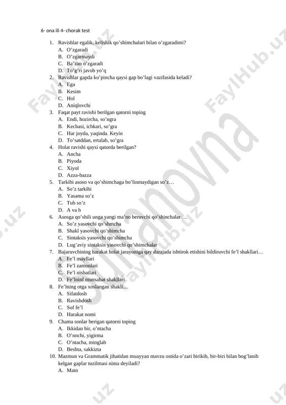 6 ona tili 4- chorak test yangi kumush — DOCX