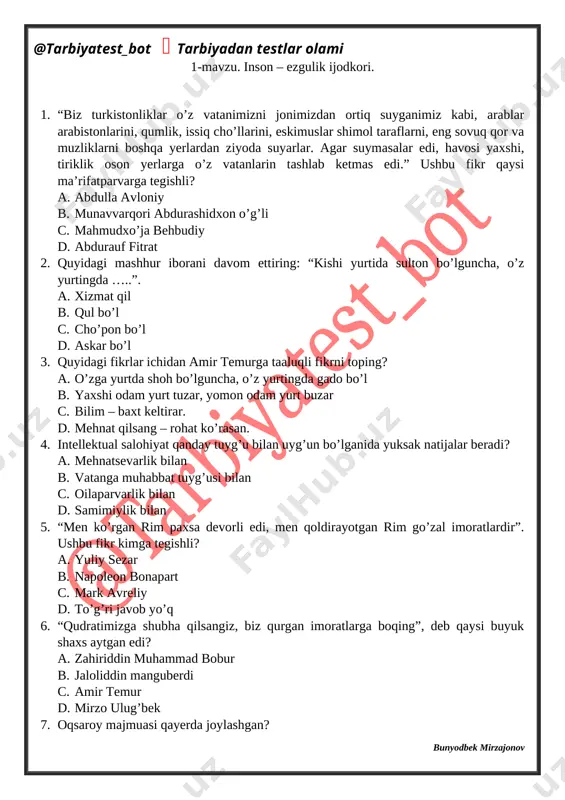 7-sinf tarbiya. mavzulashgan testlar(@tarbiyatest_bot) — DOCX