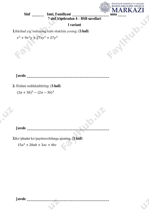 ii chorak. 7 sinf 4-bsb algebra umumtalim i variant — PDF