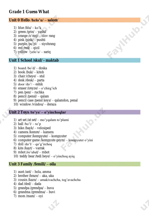 grade 1 guess what vocabulary — PDF