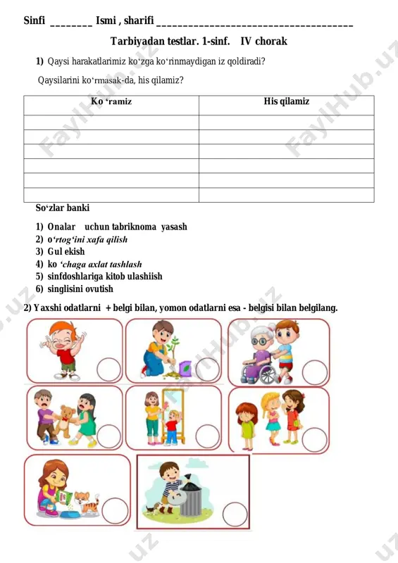 1-sinf tarbiya nazorat ishi — PDF