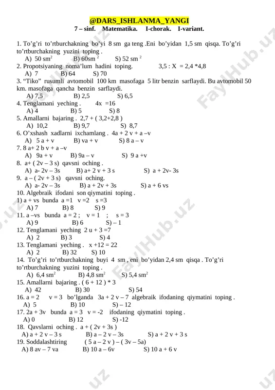 7-sinf matematika test 1-4-chorak (javoblari bilan)+ — DOCX