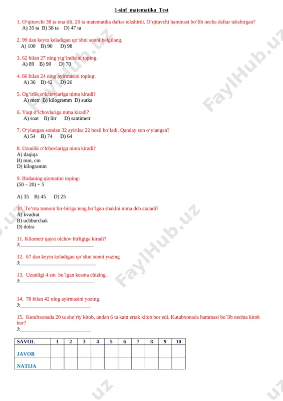 test 3-chorak matematika-o`qish 1-sinf — DOCX