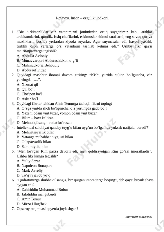 7-sinf tarbiya. mavzulashgan testlar — DOCX