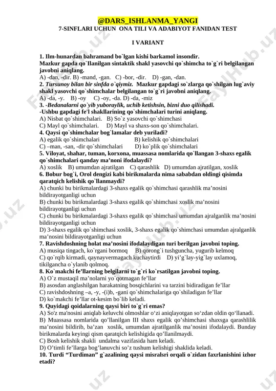 7-sinf ona tili va adabiyot test- — DOCX