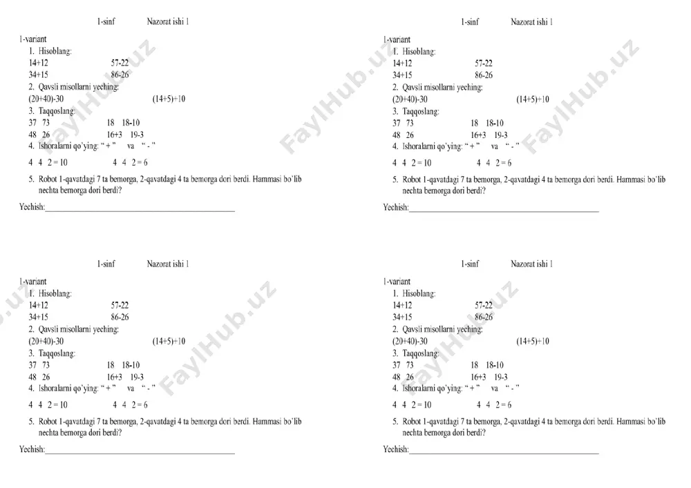 1-sinf matematika 1 nazorat namangan chortoq anora — DOCX