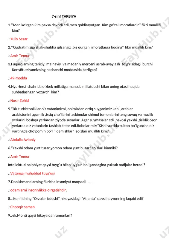 7-sinf tarbiya fanidan savol-javob — DOCX