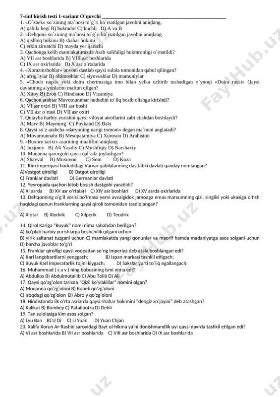 7-sinf kirish testlari — DOCX