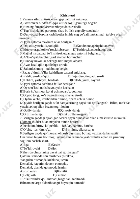 7-sinf kirish-chiqish testi — DOCX
