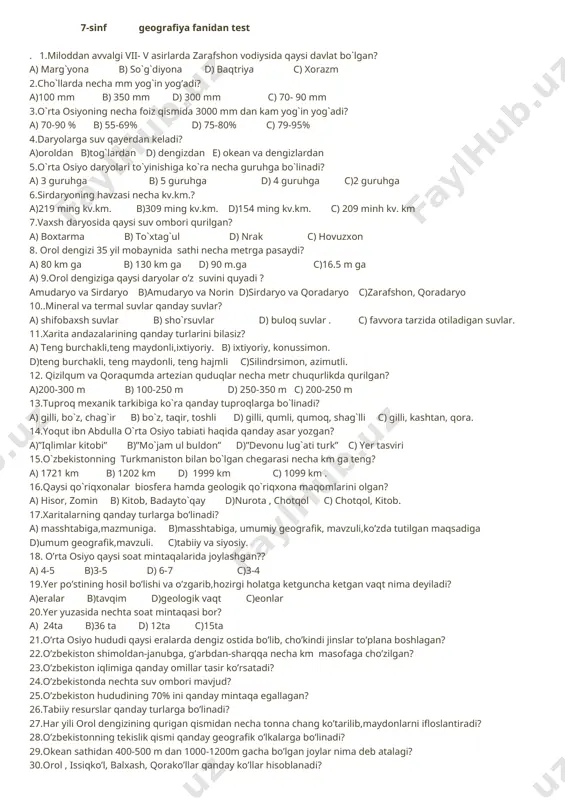 7-sinf geografiya fanidan test — DOCX