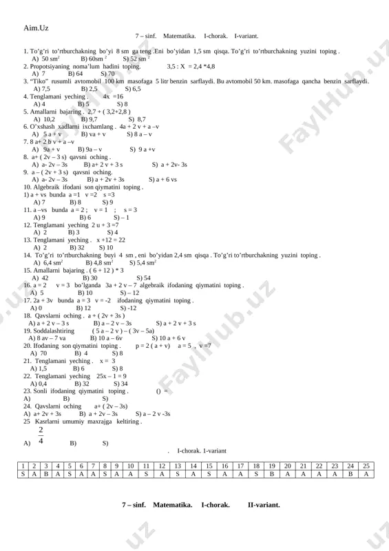 algebra test 7-sinf 1-4 ch — DOCX