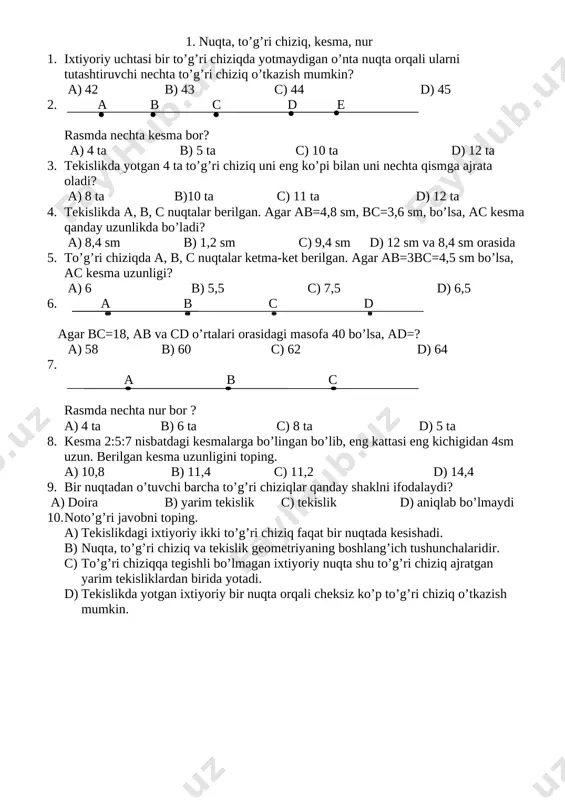 geometriya 7-sinf testlari — DOCX