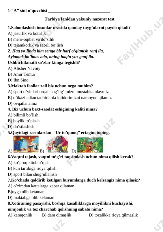 tarbiya fanidan test 1-sinf — DOCX