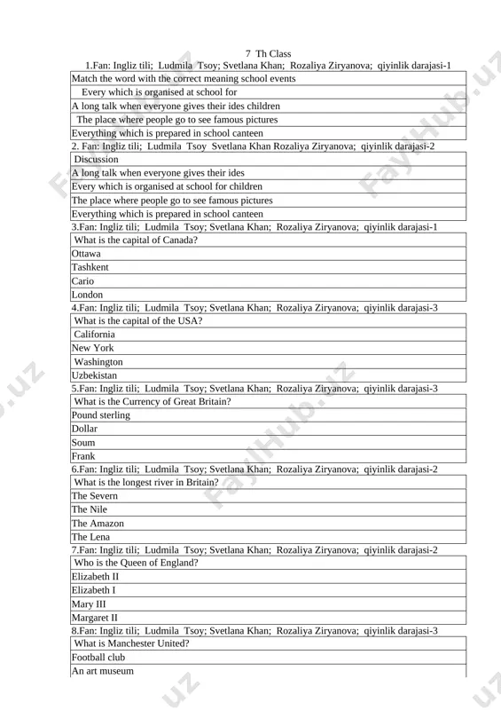s.s.7 sinf ingliz tili test — DOCX