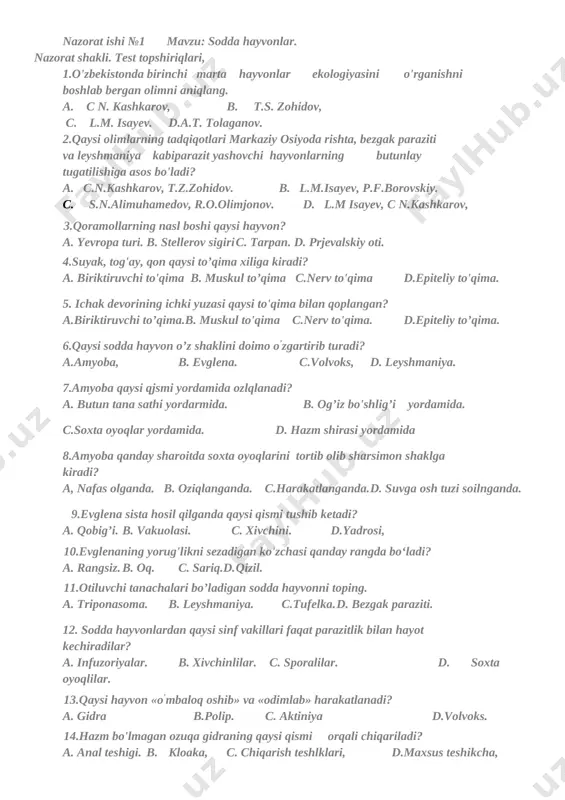 7-sinf nazorat ishi zoologiya(2) — DOCX
