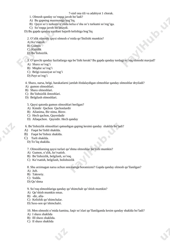 7-sinf ona tili va adabiyot 1-4 chorak. pisa test — DOCX