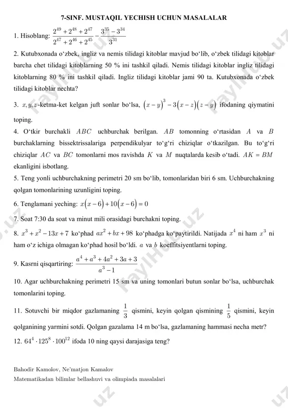 mustaqil yechish uchun 7-sinf — PDF