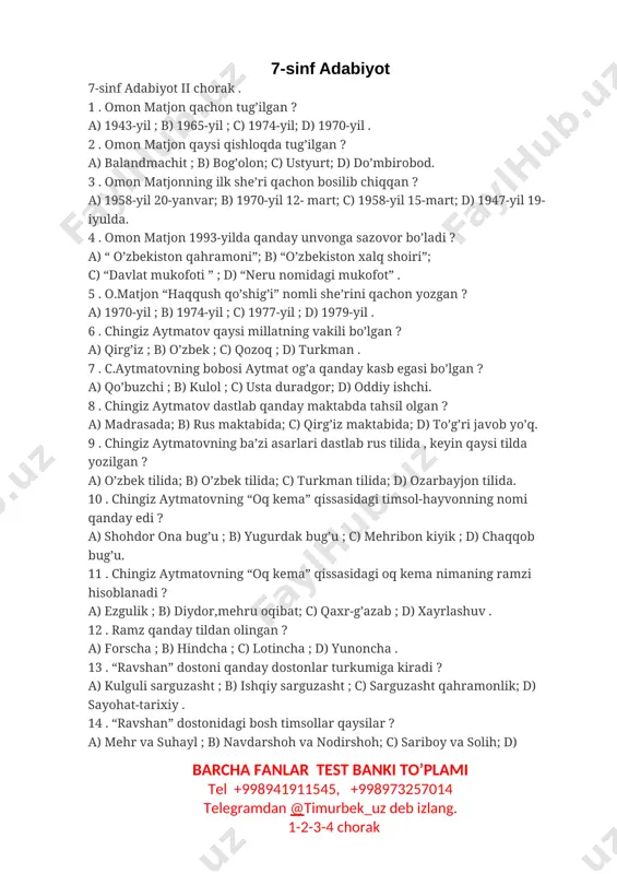 7-sinf adabiyot fanidan test — DOCX