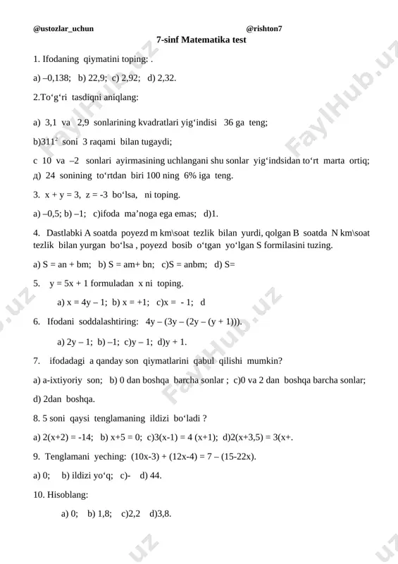 7-sinflar uchun test — DOCX