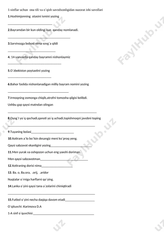 ona tili va o`qish savodxonligidan test — DOCX