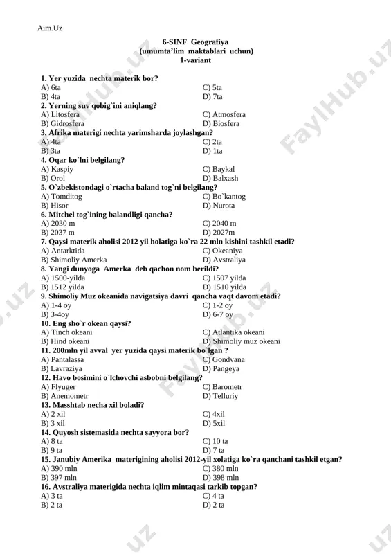 geografiya.test 6-7-8 sinflar — DOCX