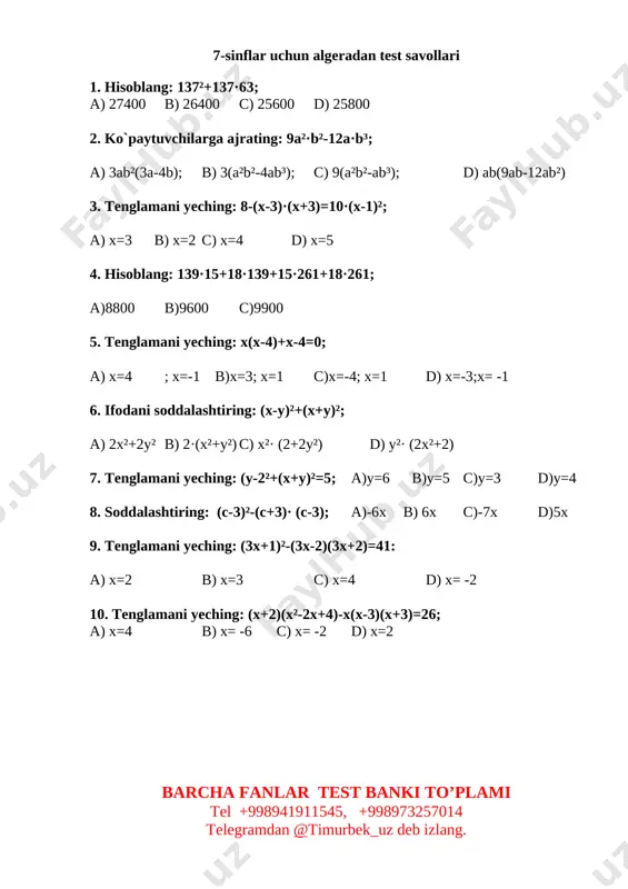 algebra test 7-sinf uchun — DOCX
