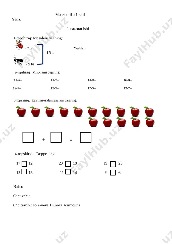 nazorat ishi matem 1-sinf — DOCX
