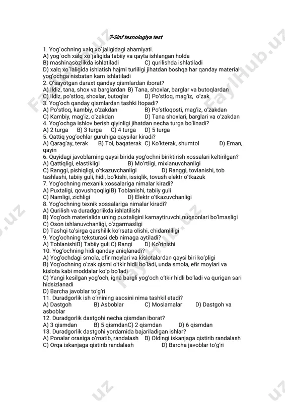 7-sinf texnologiya test — PDF