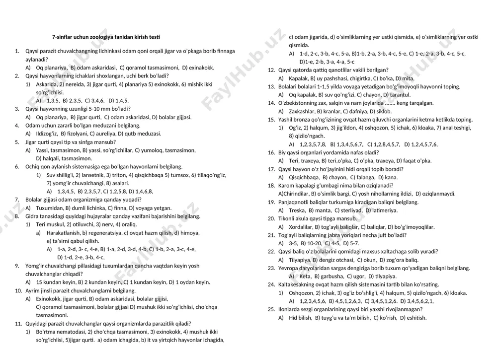7-sinflar uchun kirish testi — DOCX