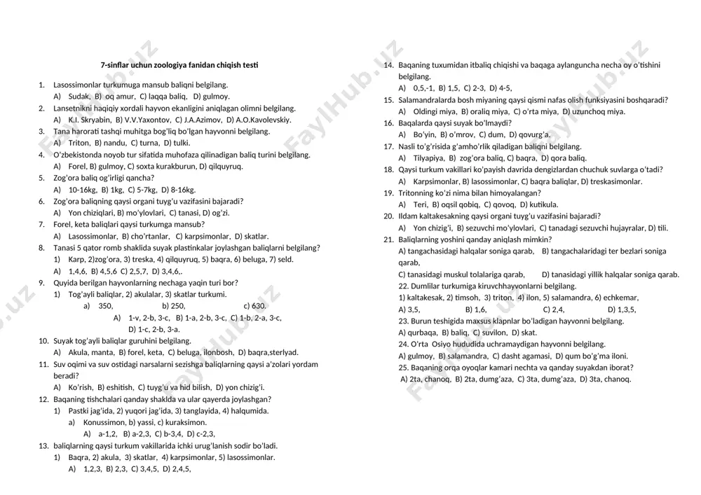 7-sinflar uchun chiqish testi — DOCX