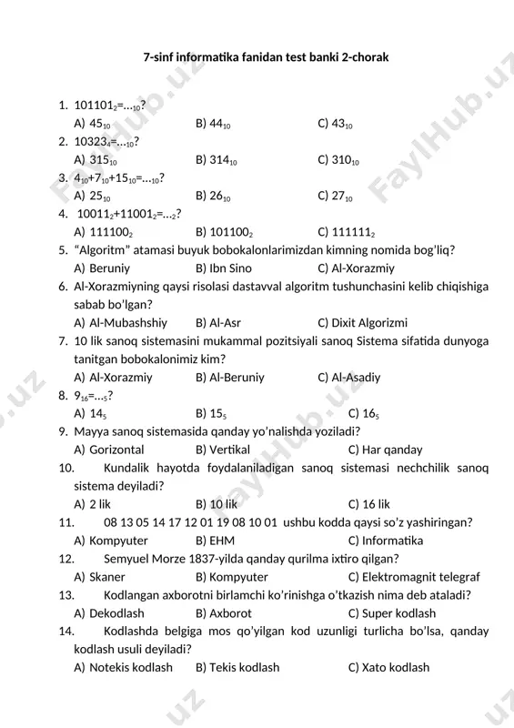 7-sinf 2-chorak test banki informatika — DOCX