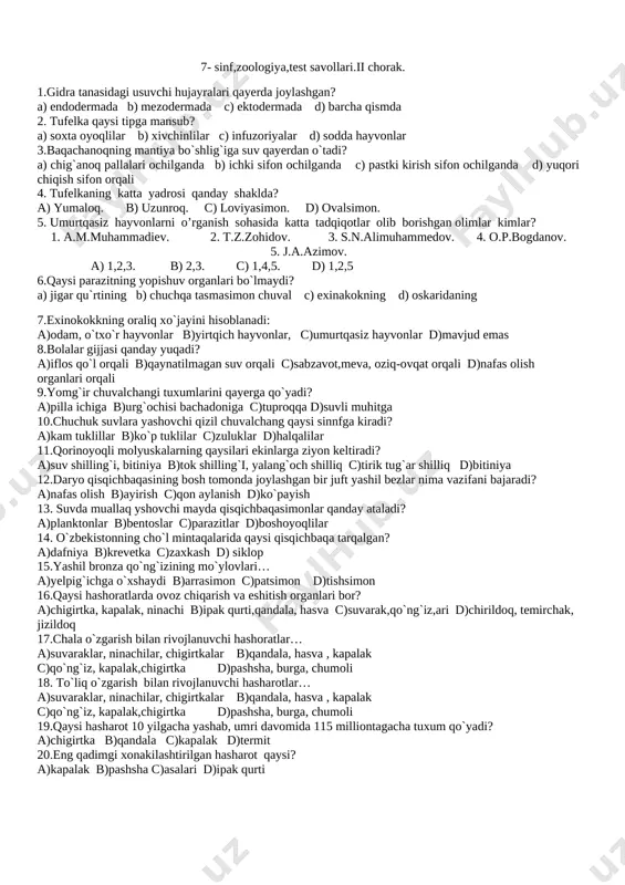 7-sinf zoologiya,testlar, barcha choraklar — DOCX