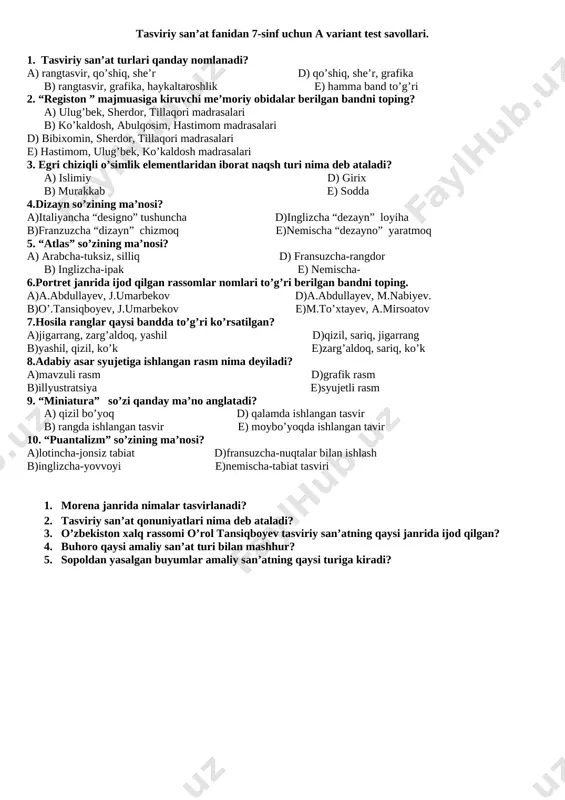 tasviriy san'at test 7-sinf — DOCX