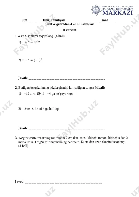 ii chorak. 8 sinf 4-bsb algebra umumtalim ii variant — PDF