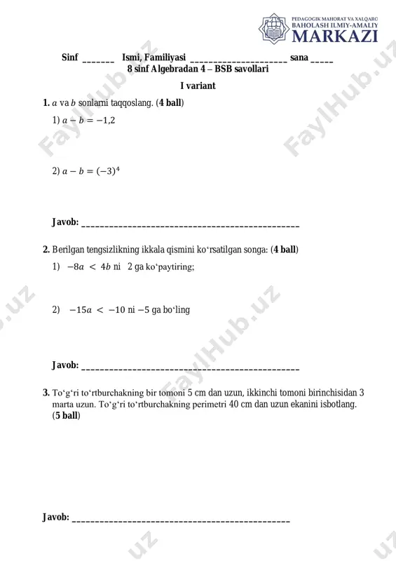 ii chorak. 8 sinf 4-bsb algebra umumtalim i variant — PDF