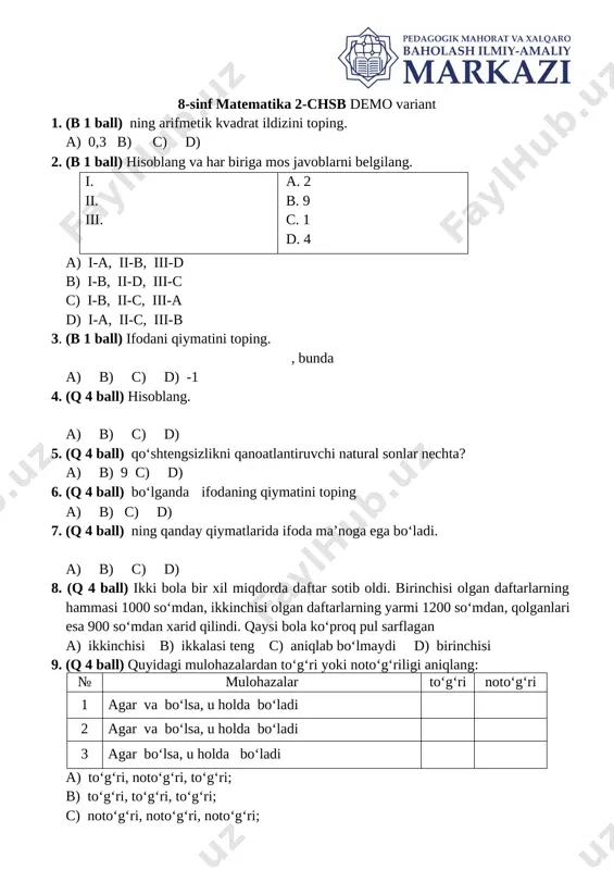 8 sinf matematika umumtalim chsb 2 demo — DOCX