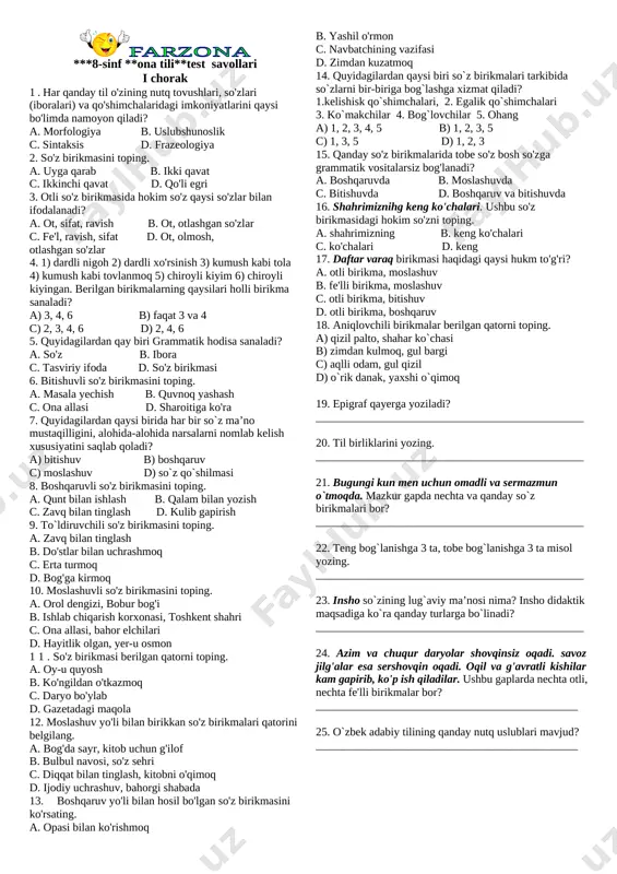 8-sinf ona tili test-1-chorak — DOCX
