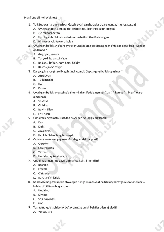 8- sinf ona tili test 4- chorak yangi kumush — DOCX