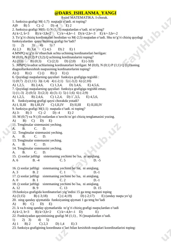 8-sinf matematika test 1-4-chorak (javoblari bilan)+ — DOCX
