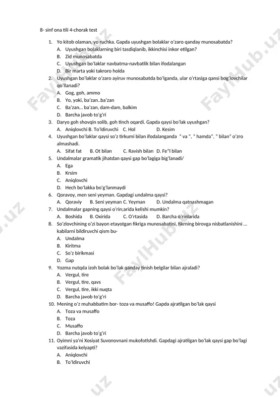 8- sinf ona tili test 4- chorak yangi — DOCX