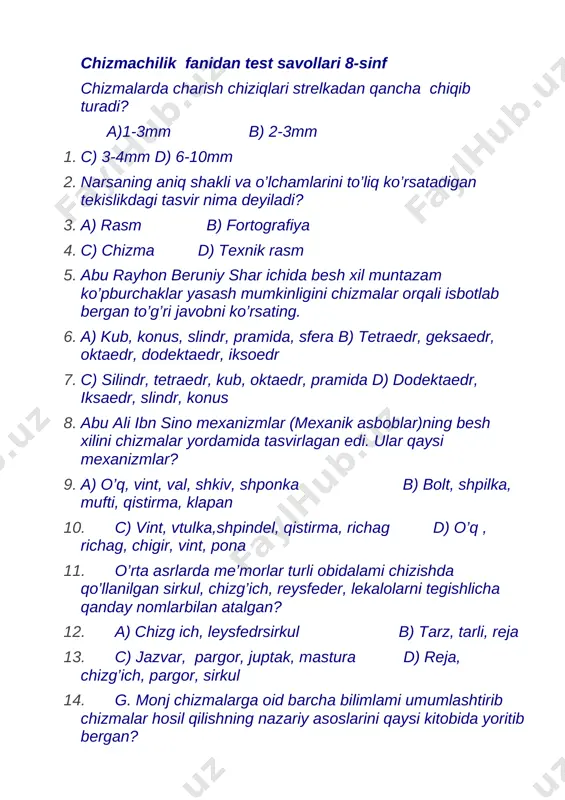 chizmachilik fanidan test savollari 8-sinf — DOCX