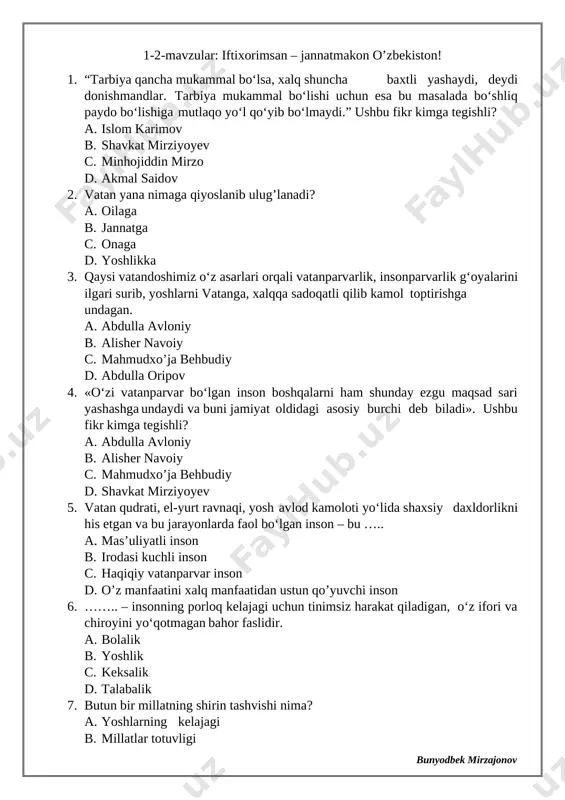 8-sinf tarbiya. mavzulashgan testlar — DOCX
